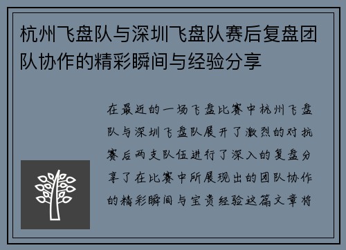 杭州飞盘队与深圳飞盘队赛后复盘团队协作的精彩瞬间与经验分享